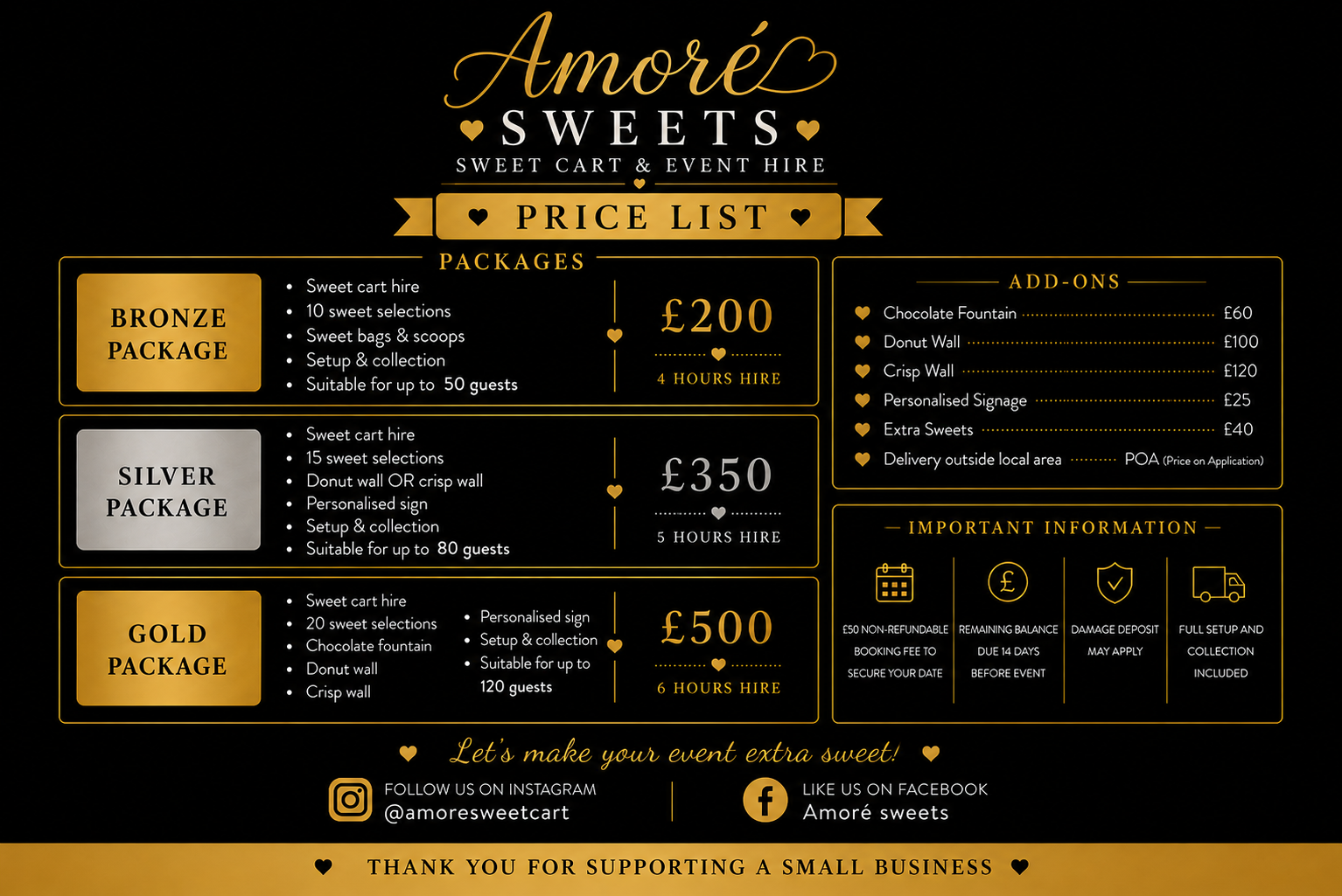 Amore Sweets price list showing sweet cart, chocolate fountain, donut wall and crisp wall packages